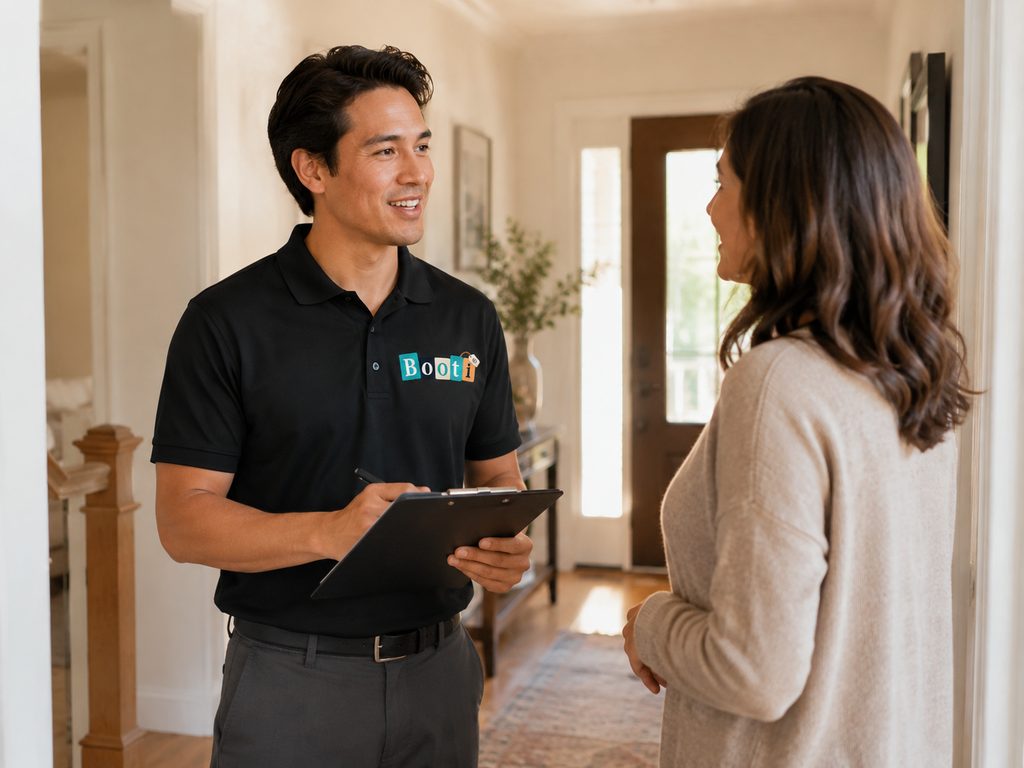A Booti representative with a clipboard talking with a customer at her front door.